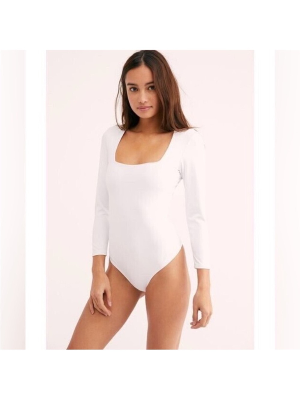 Free People White Long Sleeve Square Neck Bodysuit